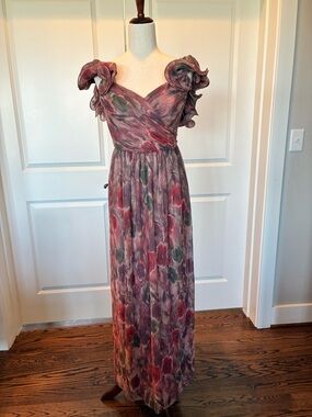 After Six Floral Print Ruffled Sleeve Maxi Dress in Plum and Green.
